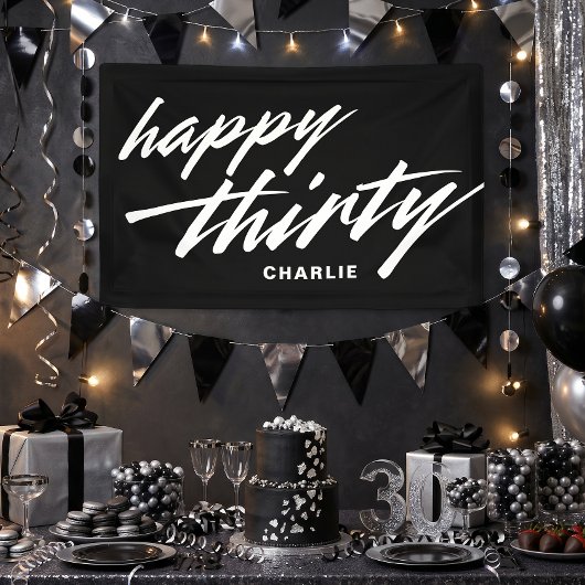 Personalized Modern Script Black 30th Birthday Banner