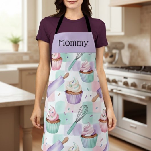 Personalized Mom Lavender Teal Cupcake Baking Crew Schürze