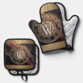 Personalized Monogram Agate Pink Rustic Metal Luxe Ofenhandschuh & Topflappen-Set (Vorderseite/Rückseite)