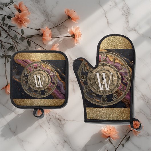 Personalized Monogram Agate Pink Rustic Metal Luxe Ofenhandschuh & Topflappen-Set