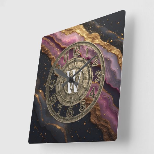 Personalized Monogram Agate Pink Rustic Metal Luxe Quadratische Wanduhr (Winkel)