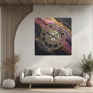 Personalized Monogram Agate Pink Rustic Metal Luxe Quadratische Wanduhr