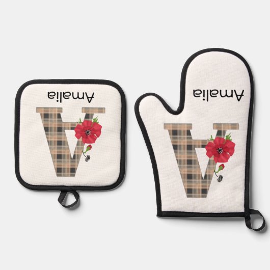 Personalized monogram editable A text red flower Ofenhandschuh & Topflappen-Set (Vorderseite)