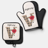 Personalized monogram editable A text red flower Ofenhandschuh & Topflappen-Set (Vorderseite/Rückseite)
