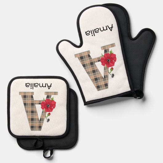 Personalized monogram editable A text red flower Ofenhandschuh & Topflappen-Set (Vorderseite/Rückseite)