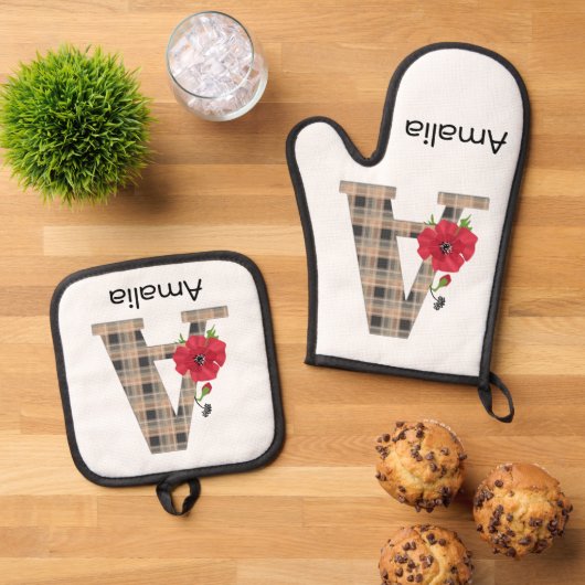 Personalized monogram editable A text red flower Ofenhandschuh & Topflappen-Set (Oben Unten)