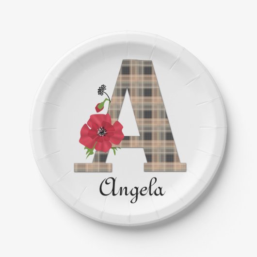 Personalized monogram editable A text red flower Pappteller (Vorderseite)