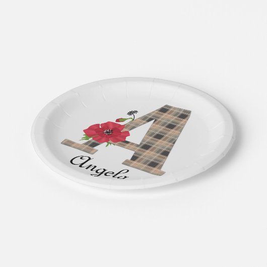 Personalized monogram editable A text red flower Pappteller (Schrägansicht)