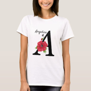 Personalized monogram editable A text red flower T-Shirt
