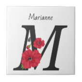 Personalized monogram editable M text red flower Fliese (Vorderseite)
