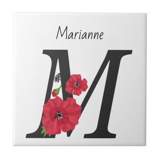 Personalized monogram editable M text red flower Fliese (Vorderseite)