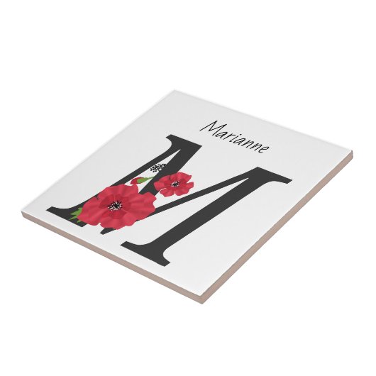 Personalized monogram editable M text red flower Fliese (Seite)