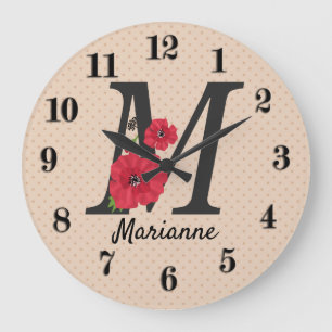Personalized monogram editable M text red flower Große Wanduhr