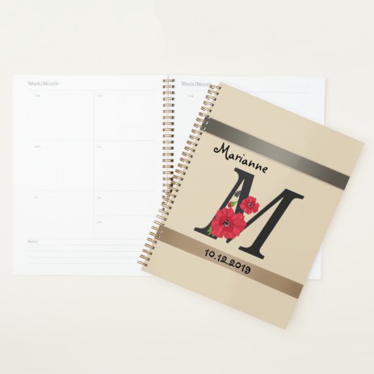 Personalized monogram editable M text red flower Planer (Anzeige)