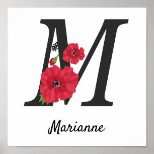 Personalized monogram editable M text red flower Poster