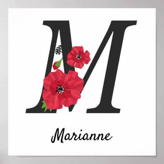 Personalized monogram editable M text red flower Poster (Vorne)