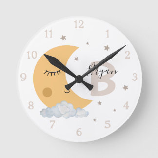 Personalized Moon Nursery Wall Clock Neutral Beige Runde Wanduhr