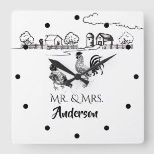 Personalized Mr and Mrs Chickens Rooster Hen Farm Quadratische Wanduhr