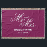 Personalized Mr and Mrs surname chic burgundy red Decke<br><div class="desc">Personalized Mr and Mrs surname chic burgundy red Throw Blanket . Elegant typography design gift. Add your own family surname and date of marriage. Personalize with custom colors. Classy typography template.</div>