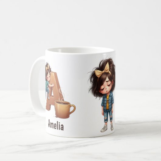 Personalized Name & A Sleepy Morning Plaid Charact Kaffeetasse (Vorderseite Links)