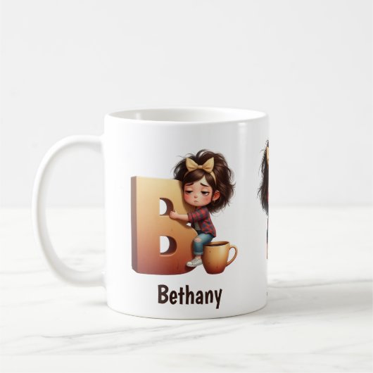 Personalized Name & B Sleepy Morning Plaid Charact Kaffeetasse (Links)
