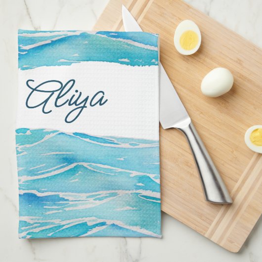 Personalized Name Beach Waves Watercolor Novelty Geschirrtuch (Viertel Falte)