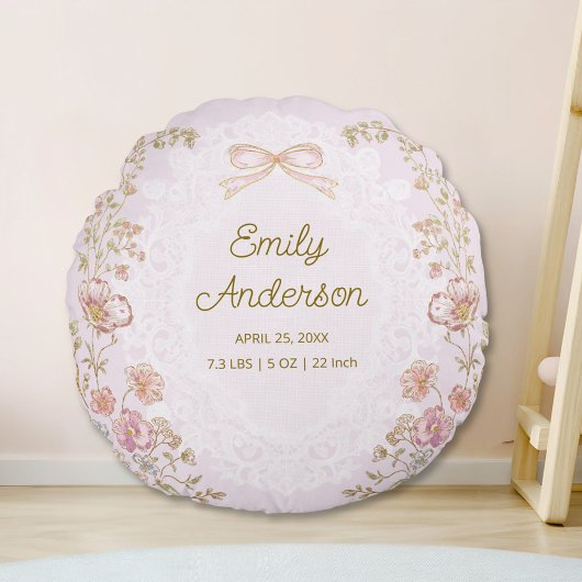 Personalized Name Birth Stats Watercolor Floral Rundes Kissen