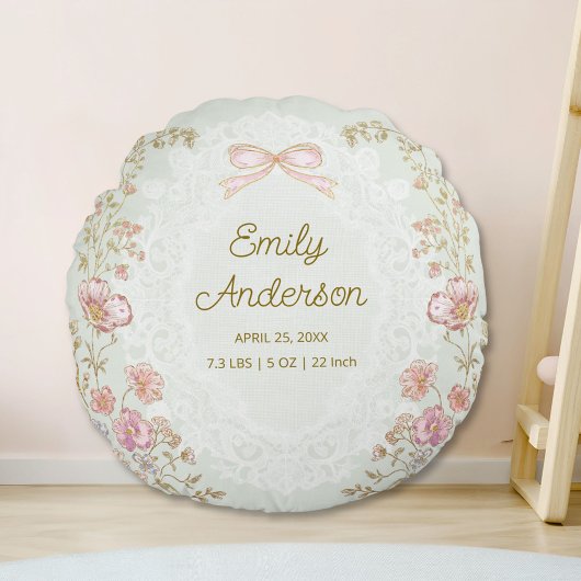 Personalized Name Birth Stats Watercolor Floral Rundes Kissen