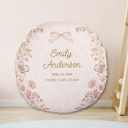 Personalized Name Birth Stats Watercolor Floral Rundes Kissen