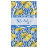 Personalized Name Blue Tile Mediterranean Lemon Kleine Geschenktüte (Rückseite)