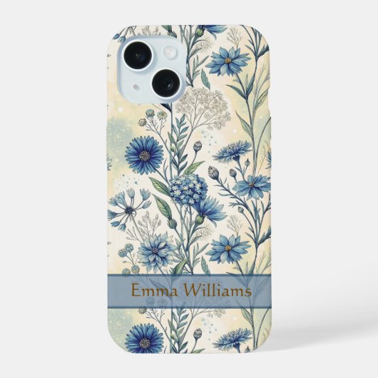 Personalized Name Blue Wildflowers iPhone 15 Hülle (Rückseite)