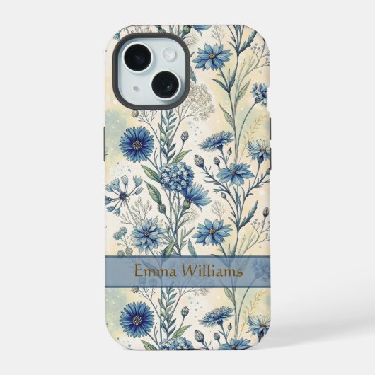 Personalized Name Blue Wildflowers iPhone 15 Hülle (Rückseite)