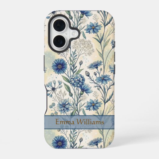 Personalized Name Blue Wildflowers iPhone 16 Hülle (Rückseite)