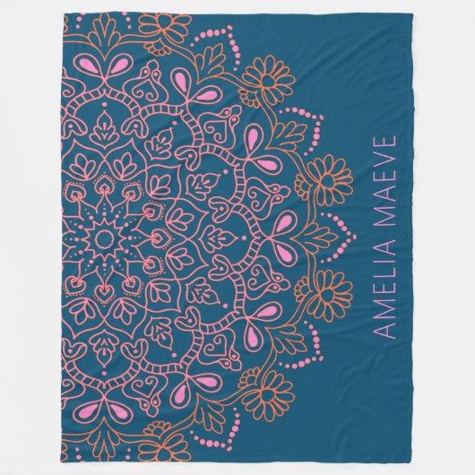 Personalized Name Boho Mandala Floral Blue Pink  Fleecedecke (Vorderseite)