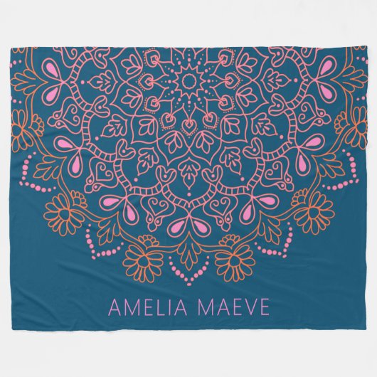 Personalized Name Boho Mandala Floral Blue Pink Fleecedecke (Vorderseite (Horizontal))