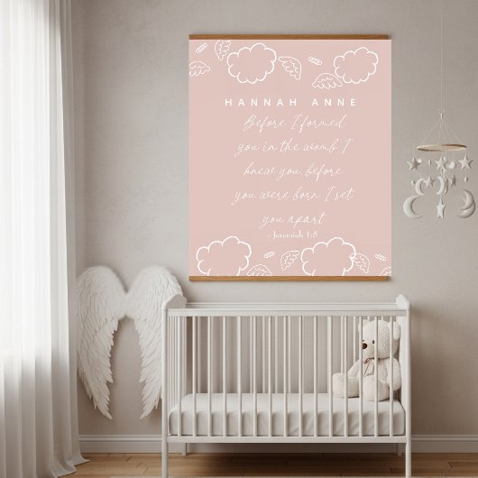 Personalized Name Cloud Jeremiah 1:5 Nursery pink Wandteppich Mit Holzrahmen