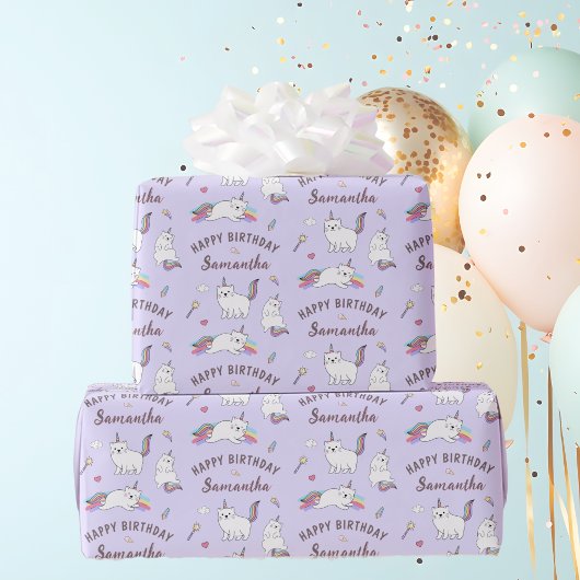 Personalized Name Cute Unicorn Cat Birthday Geschenkpapier