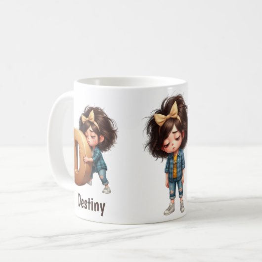 Personalized Name & D Sleepy Morning Plaid Charact Kaffeetasse (Vorderseite Links)