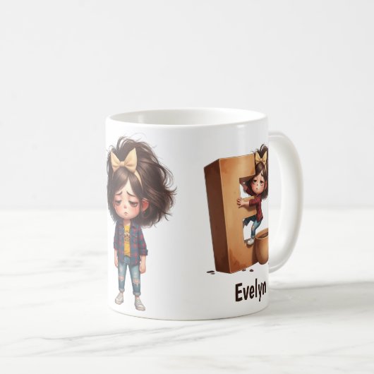 Personalized Name & E Sleepy Morning Plaid Charact Kaffeetasse (VorderseiteRechts)