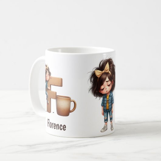 Personalized Name & F Sleepy Morning Plaid Charact Kaffeetasse (Vorderseite Links)