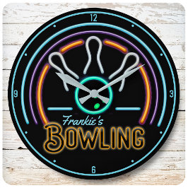 Personalized NAME Faux Neon Bowling Ball Pins Runde Wanduhr
