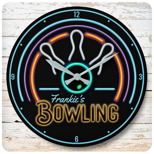 Personalized NAME Faux Neon Bowling Ball Pins Runde Wanduhr
