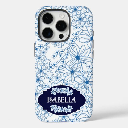 Personalized Name Feminine Blue Floral Pattern Case-Mate iPhone Hülle (Rückseite)