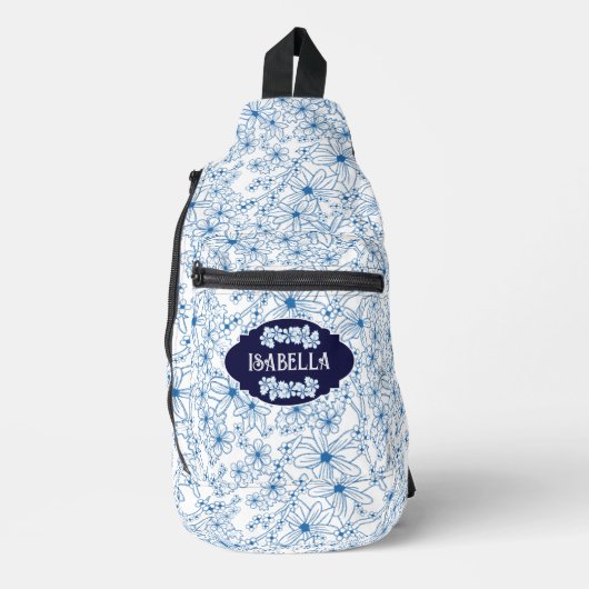 Personalized Name Feminine Blue Floral Pattern Crossbody Bag (Vorderseite)