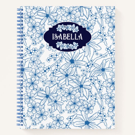 Personalized Name Feminine Blue Floral Pattern Notizblock (Vorderseite)