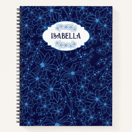 Personalized Name Feminine Blue Floral Pattern Notizblock (Vorderseite)