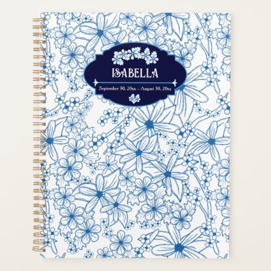 Personalized Name Feminine Blue Floral Pattern Planer (Vorderseite)
