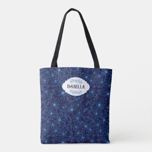 Personalized Name Feminine Blue Floral Pattern Tasche (Rückseite)