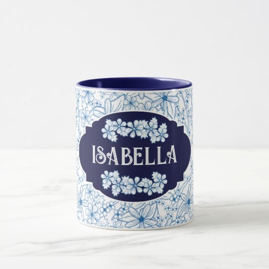 Personalized Name Feminine Blue Floral Pattern Tasse (Zentrum)