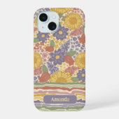 Personalized Name Floral Stripe Phone Case iPhone 15 Hülle (Rückseite)